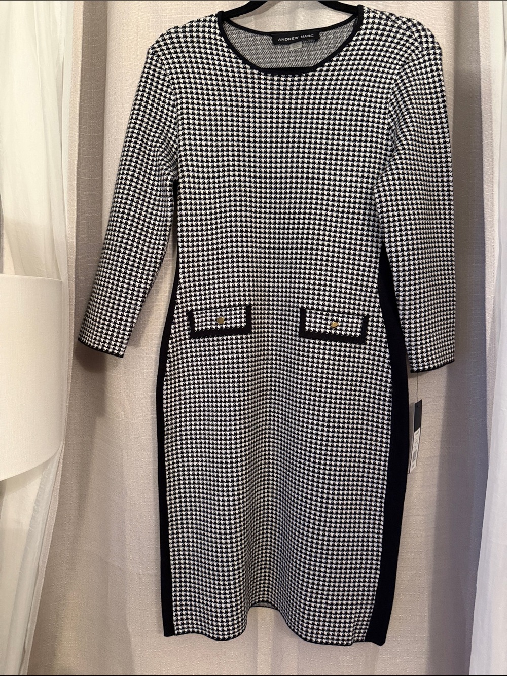 Andrew Marc Black and White Houndstooth Long Sleeve Sheath Dress